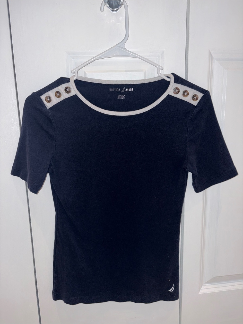 Nautica Navy Short Sleeve Tee with Cream Trim and Shoulder Buttons